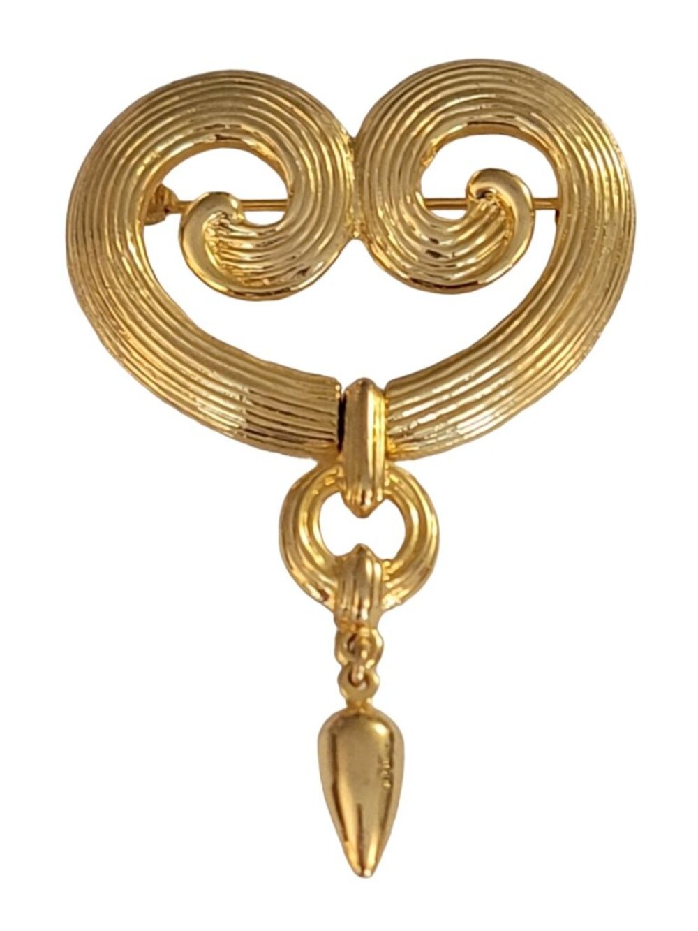 Gold Tone Designer Style Open Heart Scroll With Hinge Dangle Pin Brooch, K956